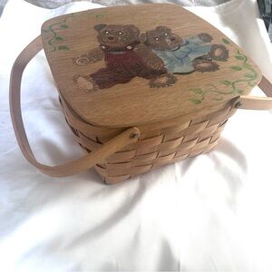 Vintage Woven picnic Basket with hand painted Bear Design